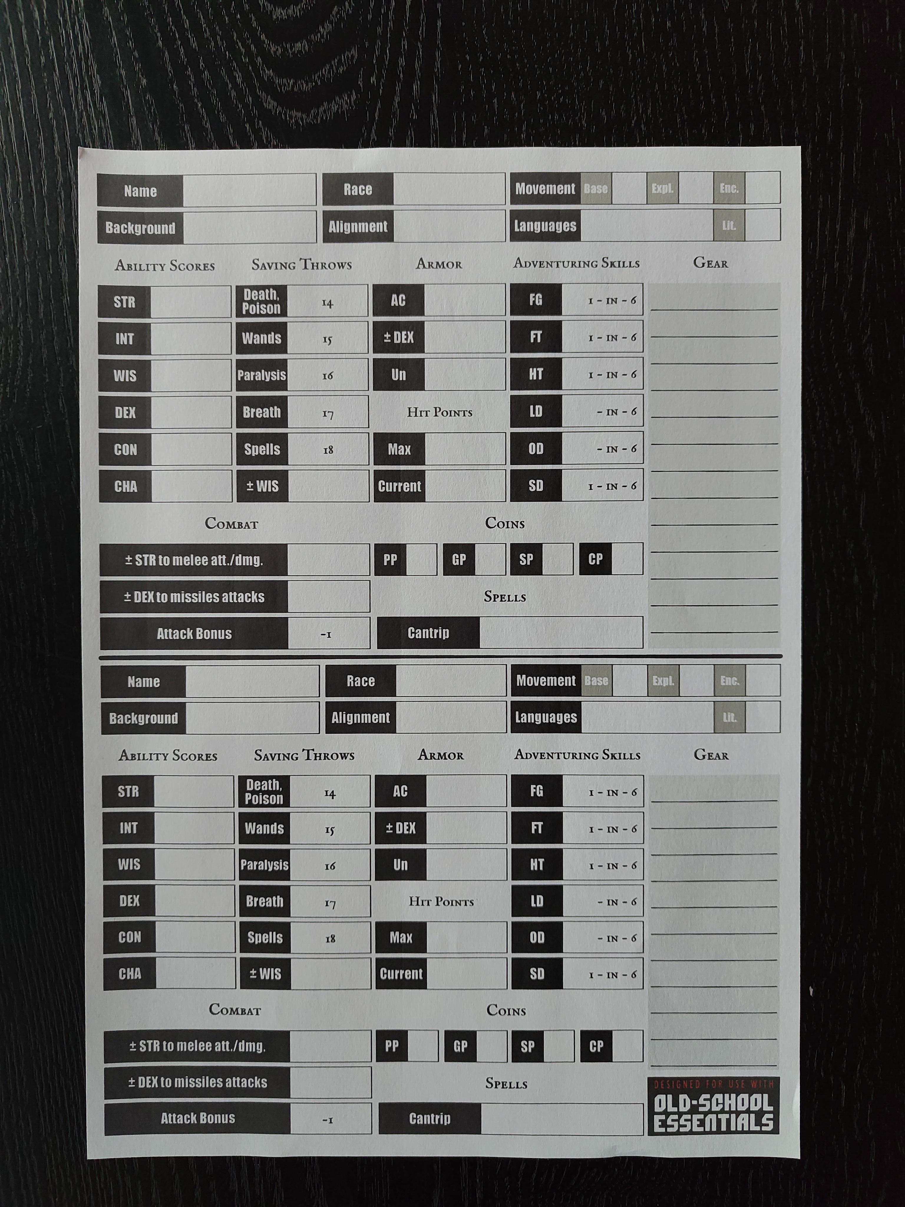 A4 sheet with two A5 character sheets for Old-School Essentials, printed on paper.